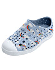 Angled view of rainbow cloud print blue casual slip-on shoes with perforated upper and rounded toe