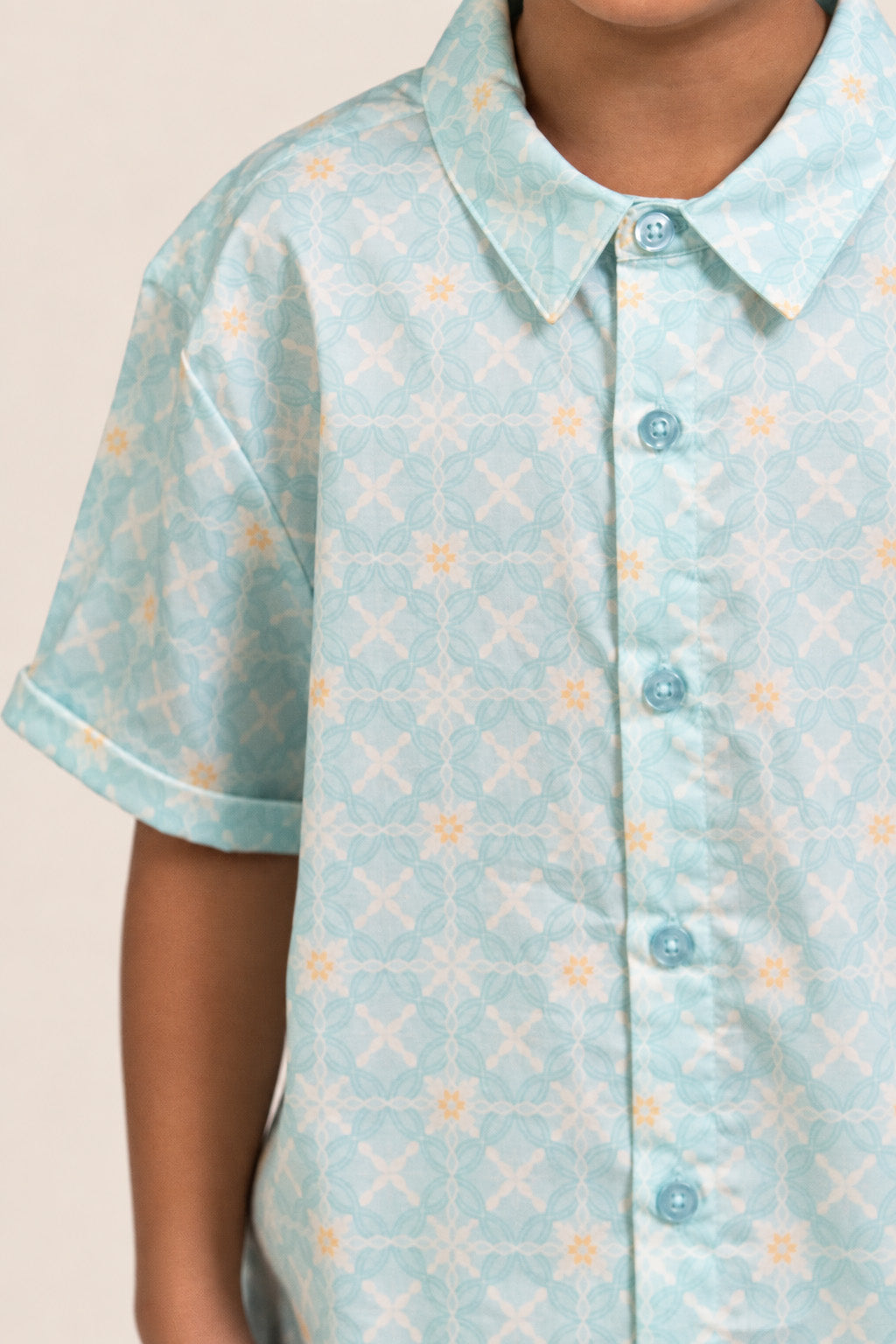 Little Man Shirt - Teal Plaid Tiles closeup