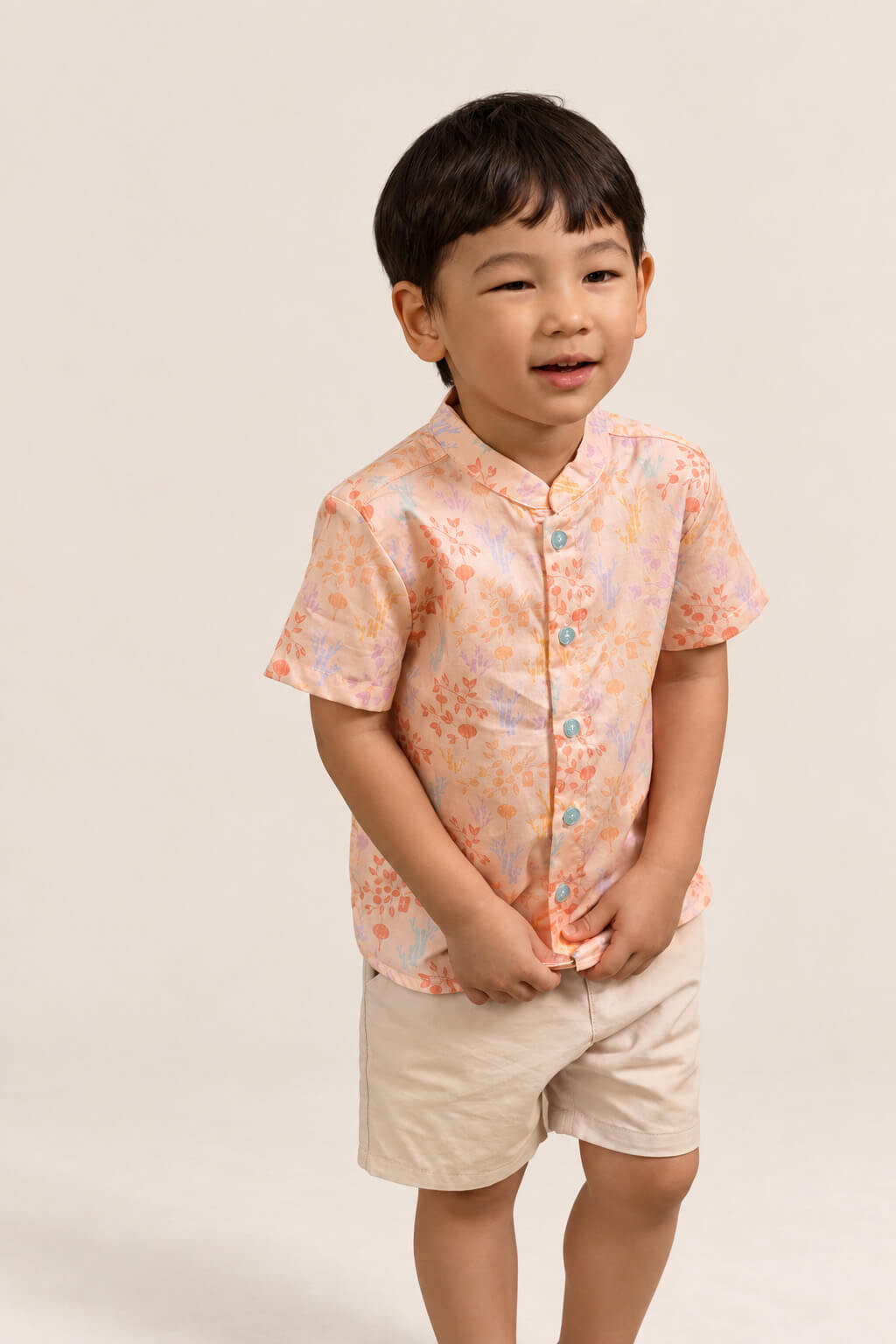Mandarin-collared Shirt - Pink Floral Bamboo
