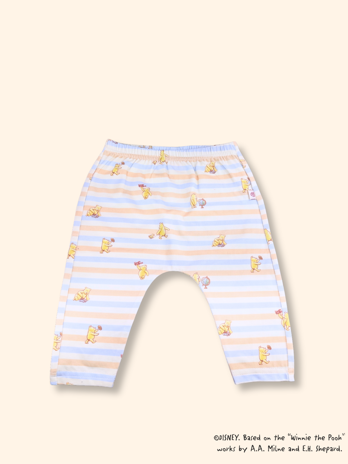 Baby leggings with pink stripes and Pooh print, soft bamboo cotton fabric