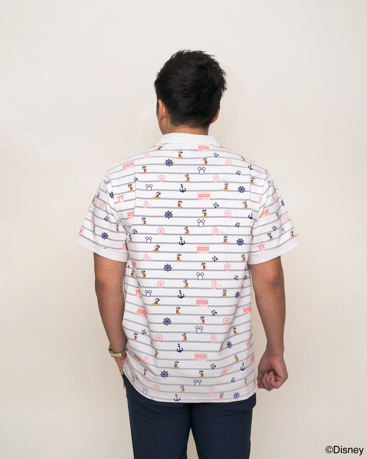 back view of mens polo tee - nautical mickey 