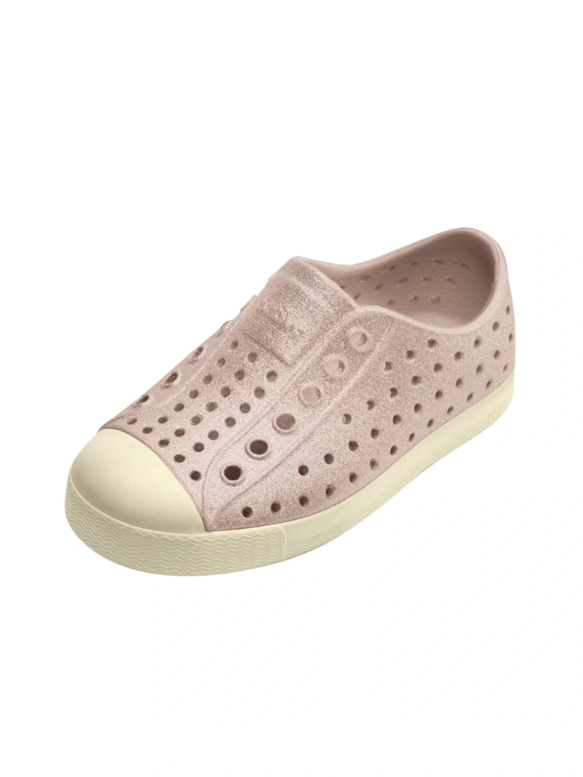 Angled top view of kids' Native Jefferson Chameleon Pink shoes showing the lightweight perforated EVA material and glittery finish.