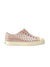 Side profile view of kids' Native Jefferson slip-on shoes in a sparkly Chameleon Pink gradient with a biodegradable plant-based glitter and a white shell sole.