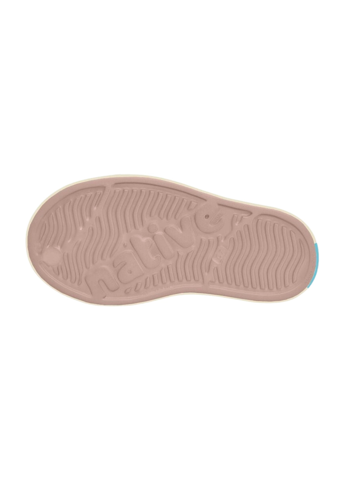 Bottom view of the pink slip-resistant rubber outsole of the Native Jefferson Child shoe.