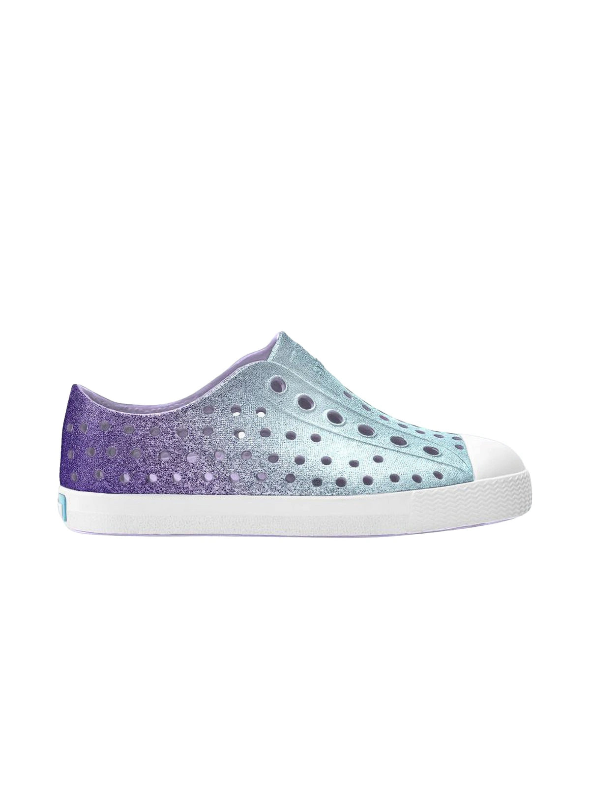 Side view of Native Jefferson Child shoes in Fresco Twirling Bio-Bling purple and light blue gradient with biodegradable glitter and white shell sole.