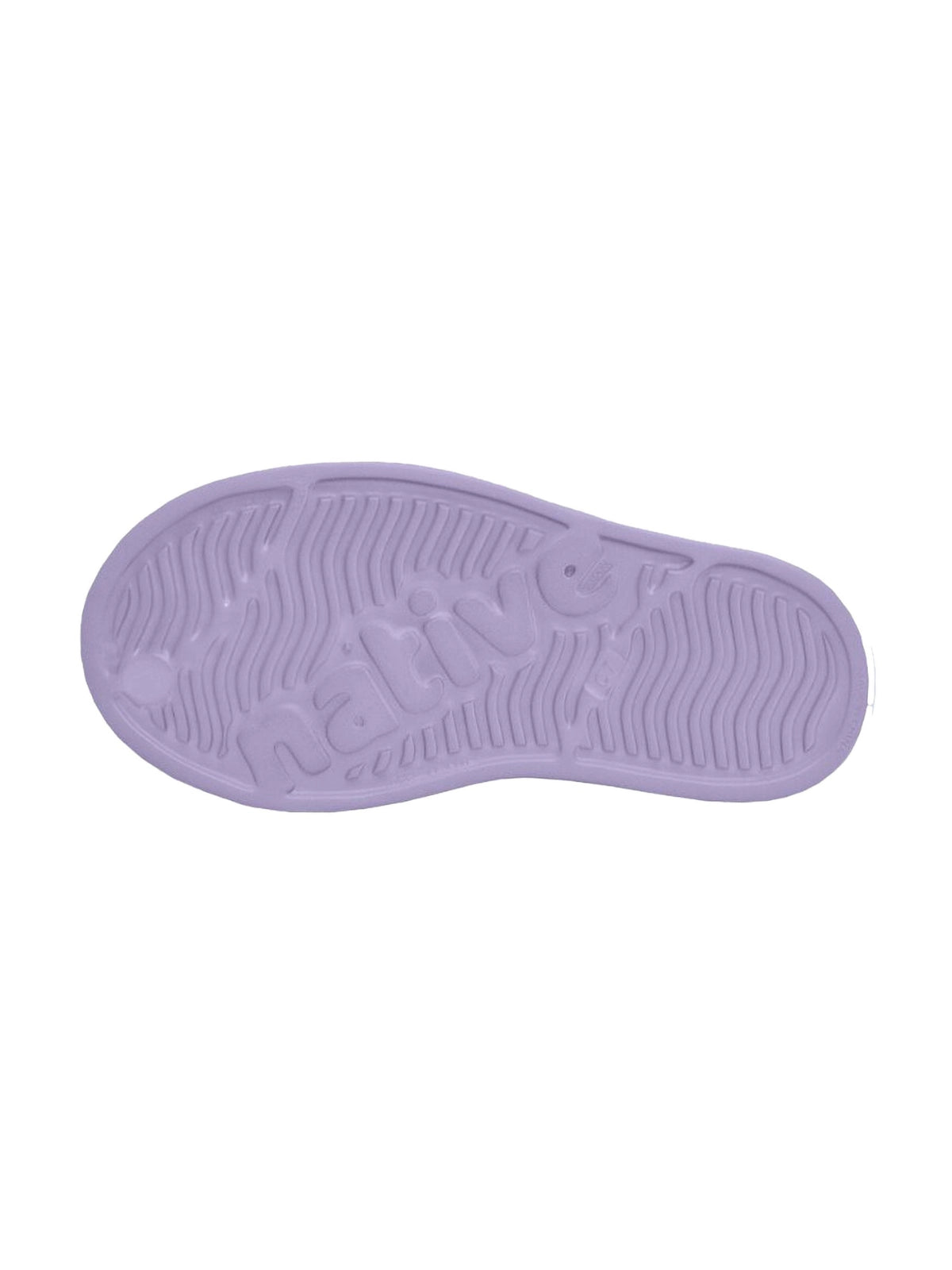 Bottom view of the purple slip-resistant rubber sole of the Native Jefferson Child shoe.