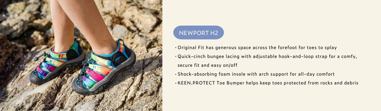 Newport H2 sandals features, child's feet.