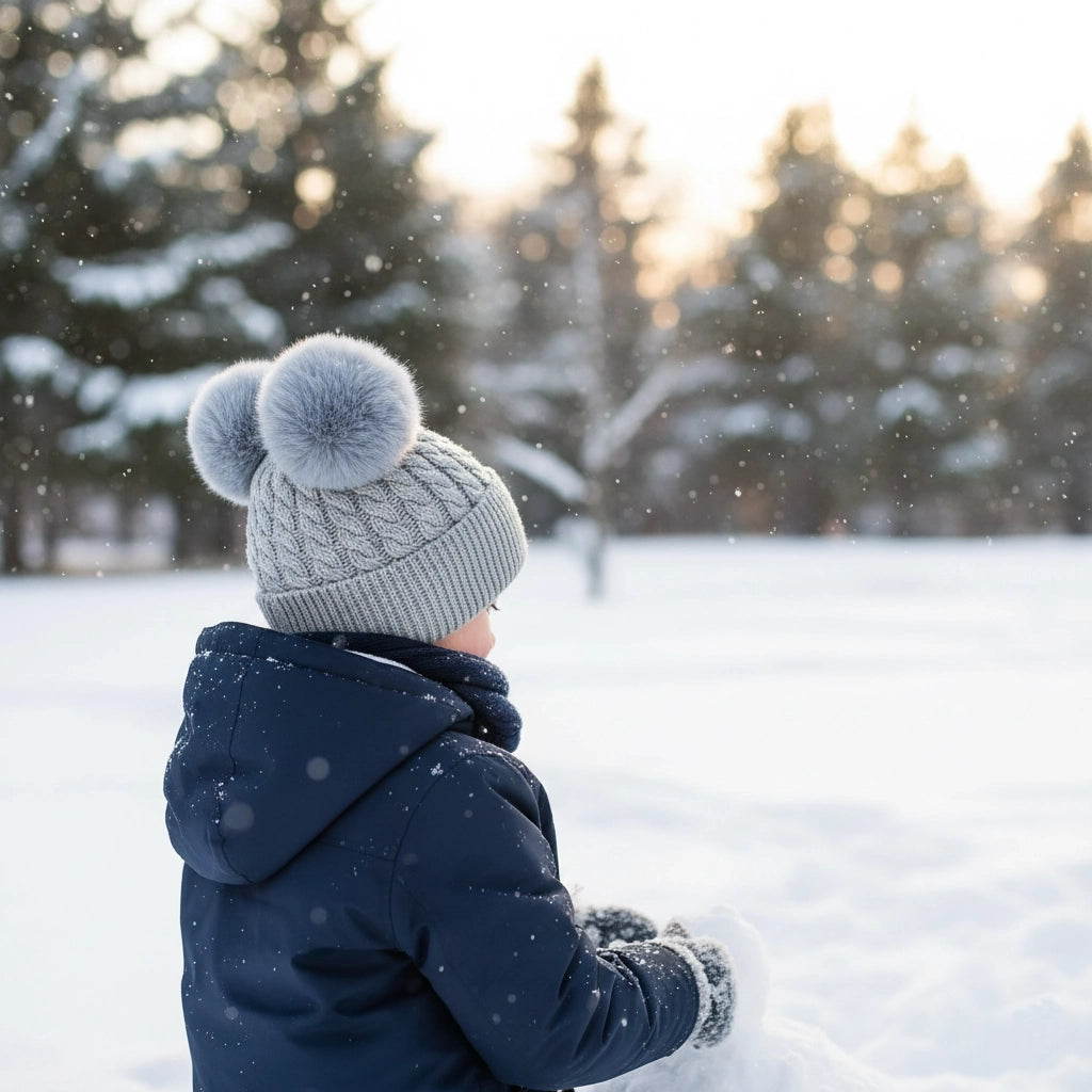 Grey knitted beanie with double pom-poms 