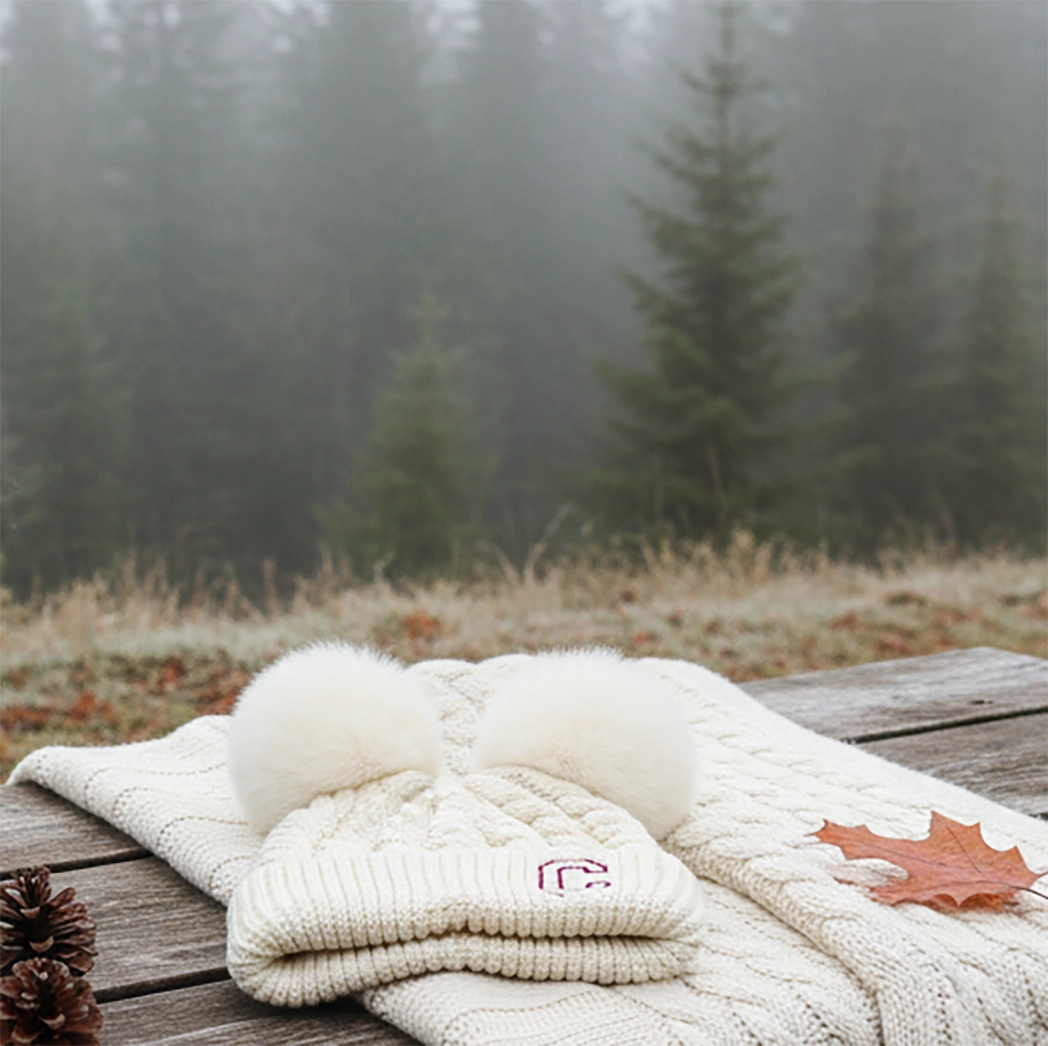 White knitted blanket and white double pom knitted beanie on a wooden bench with a misty forest background