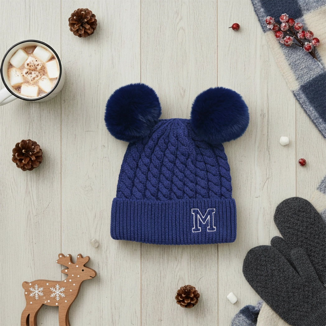 Blue knit beanie with double pom-poms 