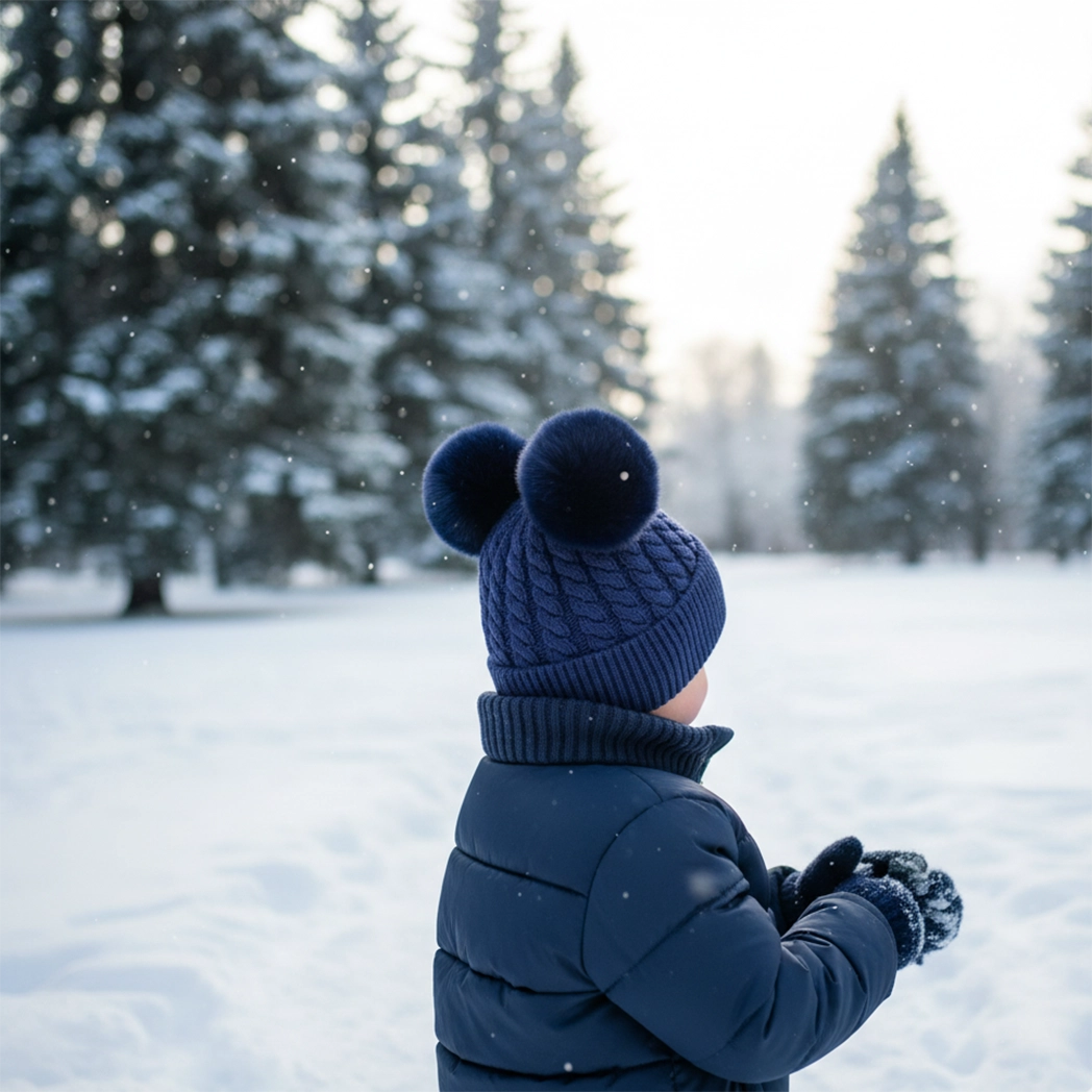 Child wearing a blue winter coat and blue knit beanie with double pom-poms 
