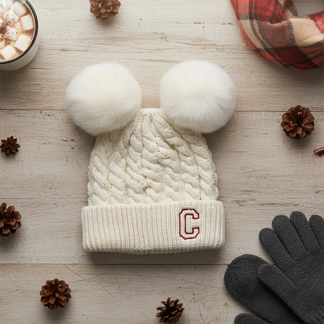 White knit beanie with double poms flay lay