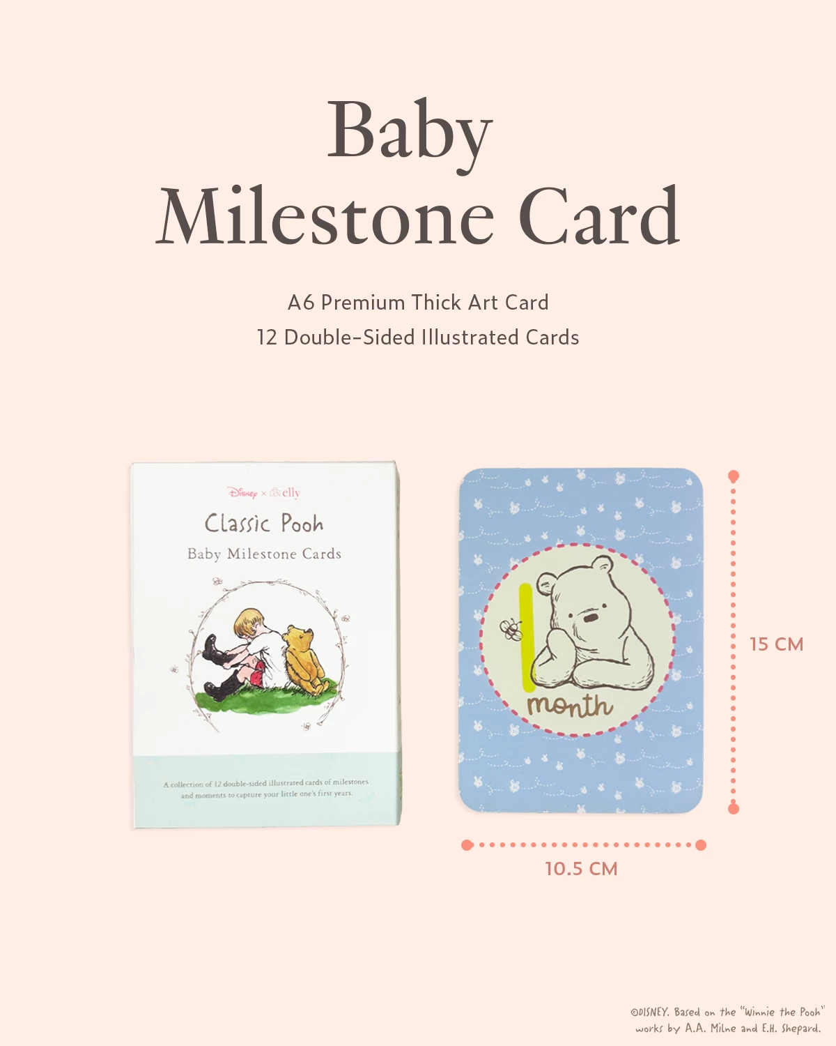 Baby milestone card packaging with illustrations and dimensions 