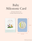 Baby milestone card packaging with illustrations and dimensions 