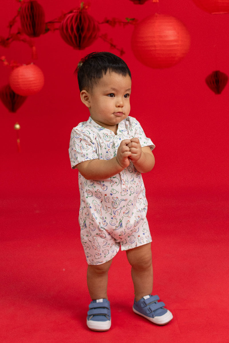 Mandarin-collared Polo Romper - Zodiac Mahjong