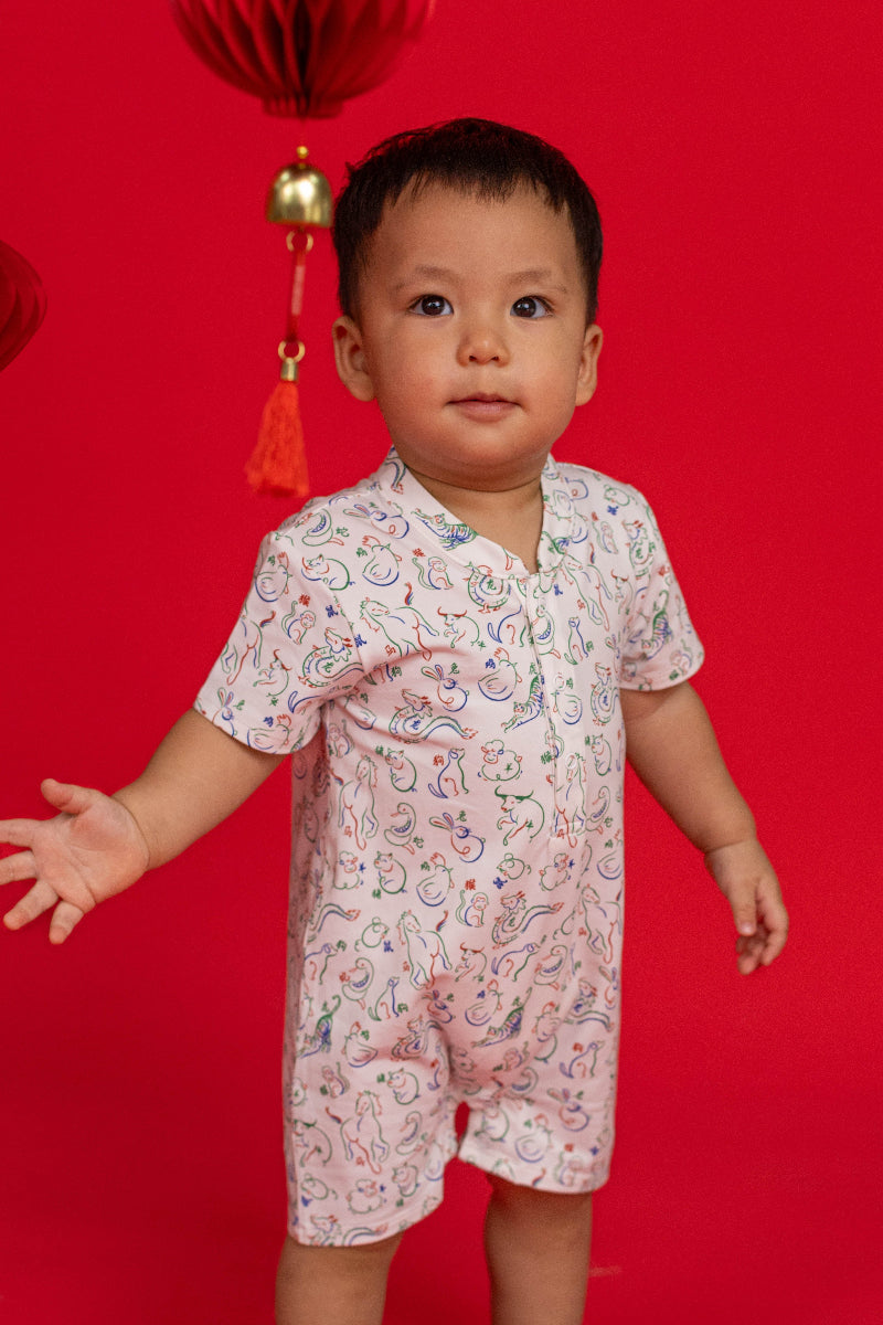 Mandarin-collared Polo Romper - Zodiac Mahjong