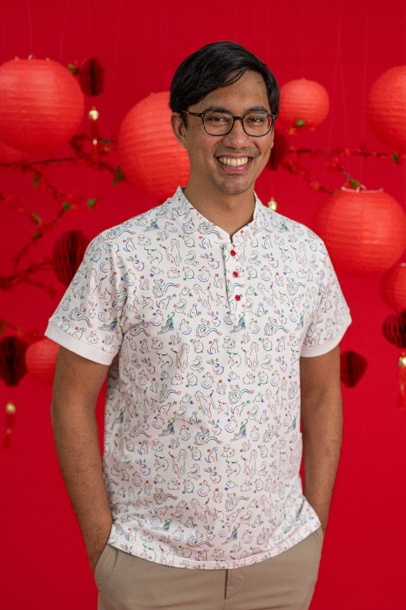 Men's Mandarin-collared Polo Tee - Zodiac Mahjong
