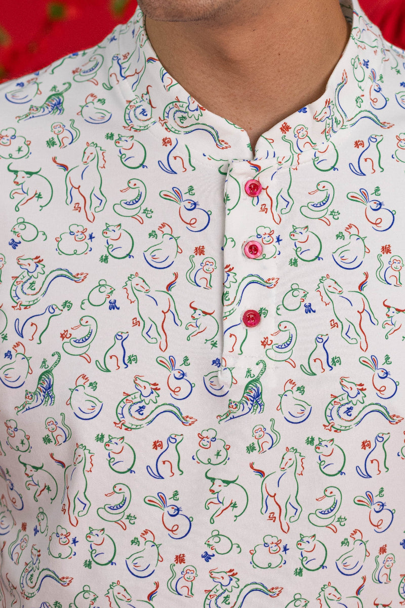 Men's Mandarin-collared Polo Tee - Zodiac Mahjong