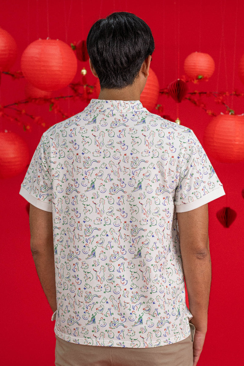 Men's Mandarin-collared Polo Tee - Zodiac Mahjong