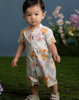 Mandarin-collared Romper - Pastel Tree Songbirds