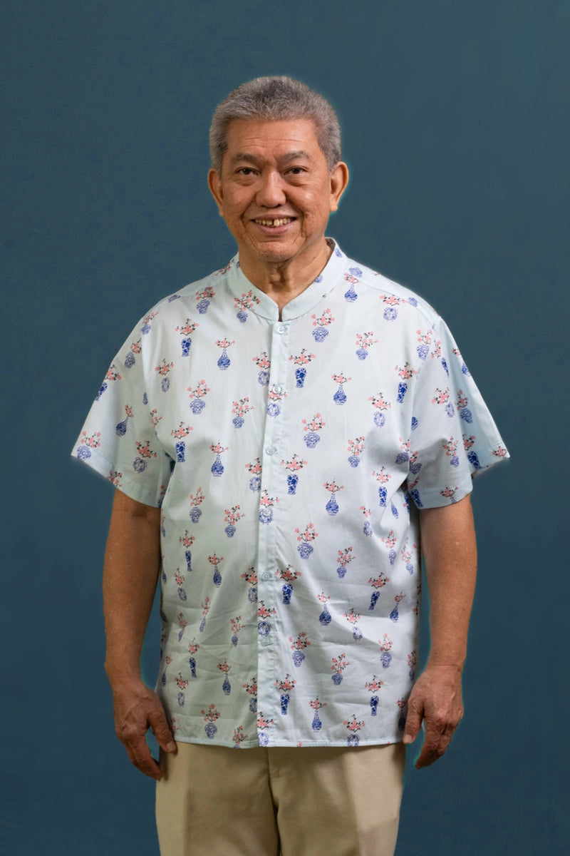 Men's Mandarin-collared Shirt - Turquoise Vases