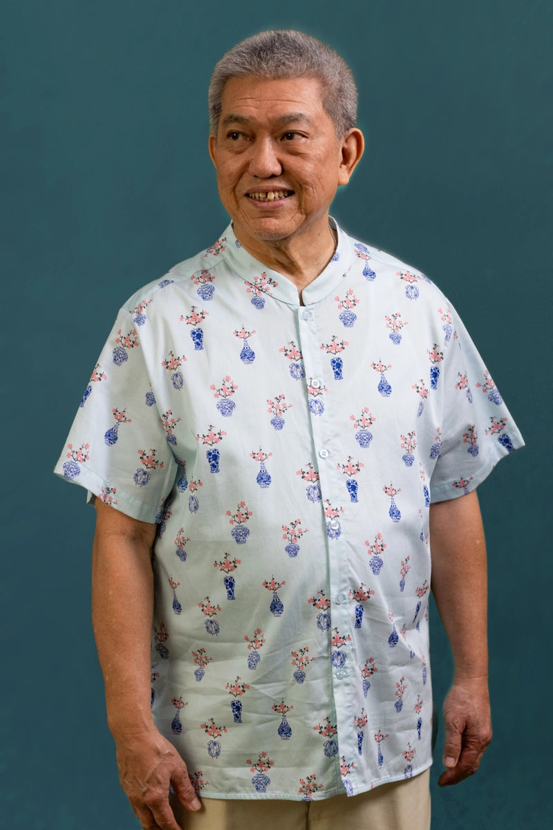Men's Mandarin-collared Shirt - Turquoise Vases