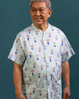 Men's Mandarin-collared Shirt - Turquoise Vases