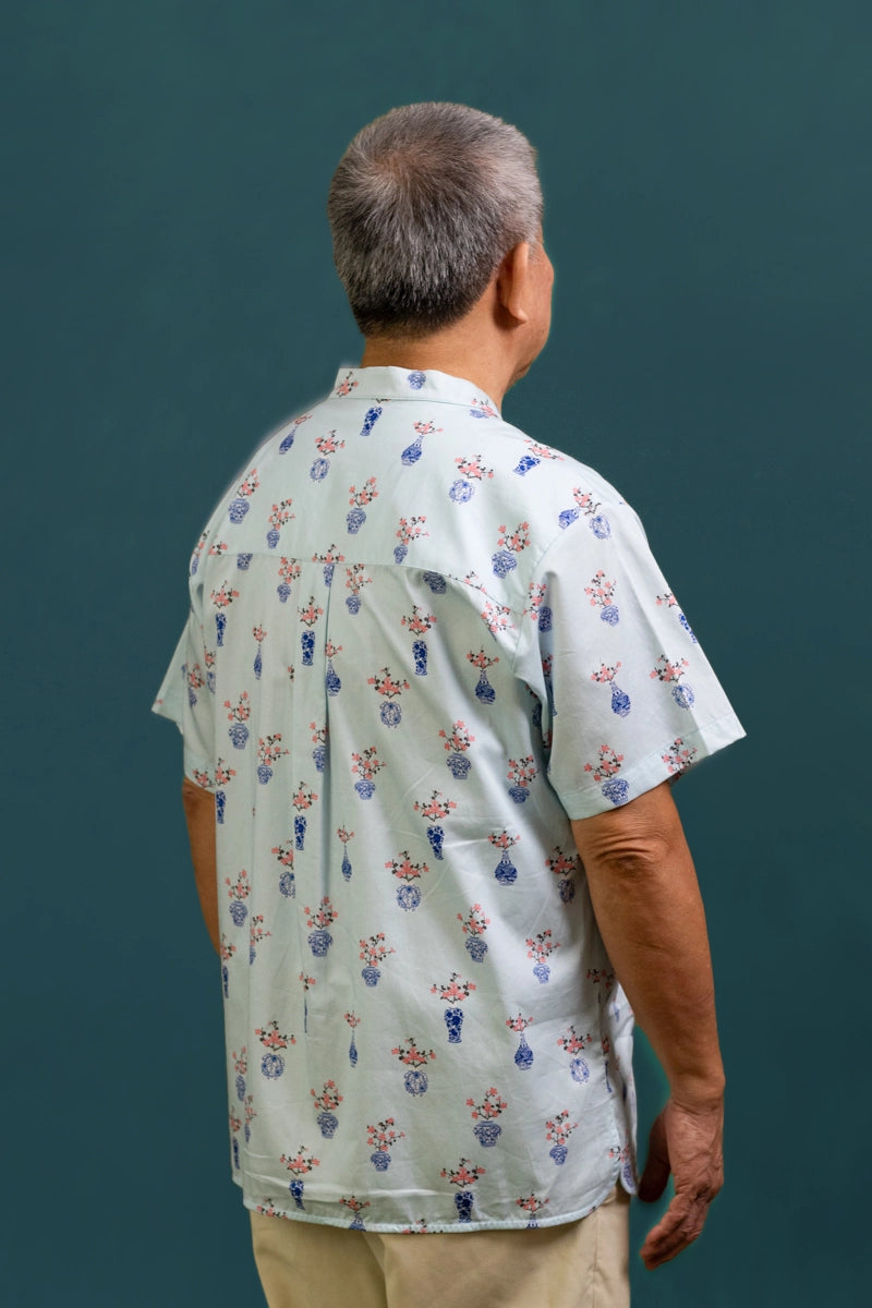 Men's Mandarin-collared Shirt - Turquoise Vases