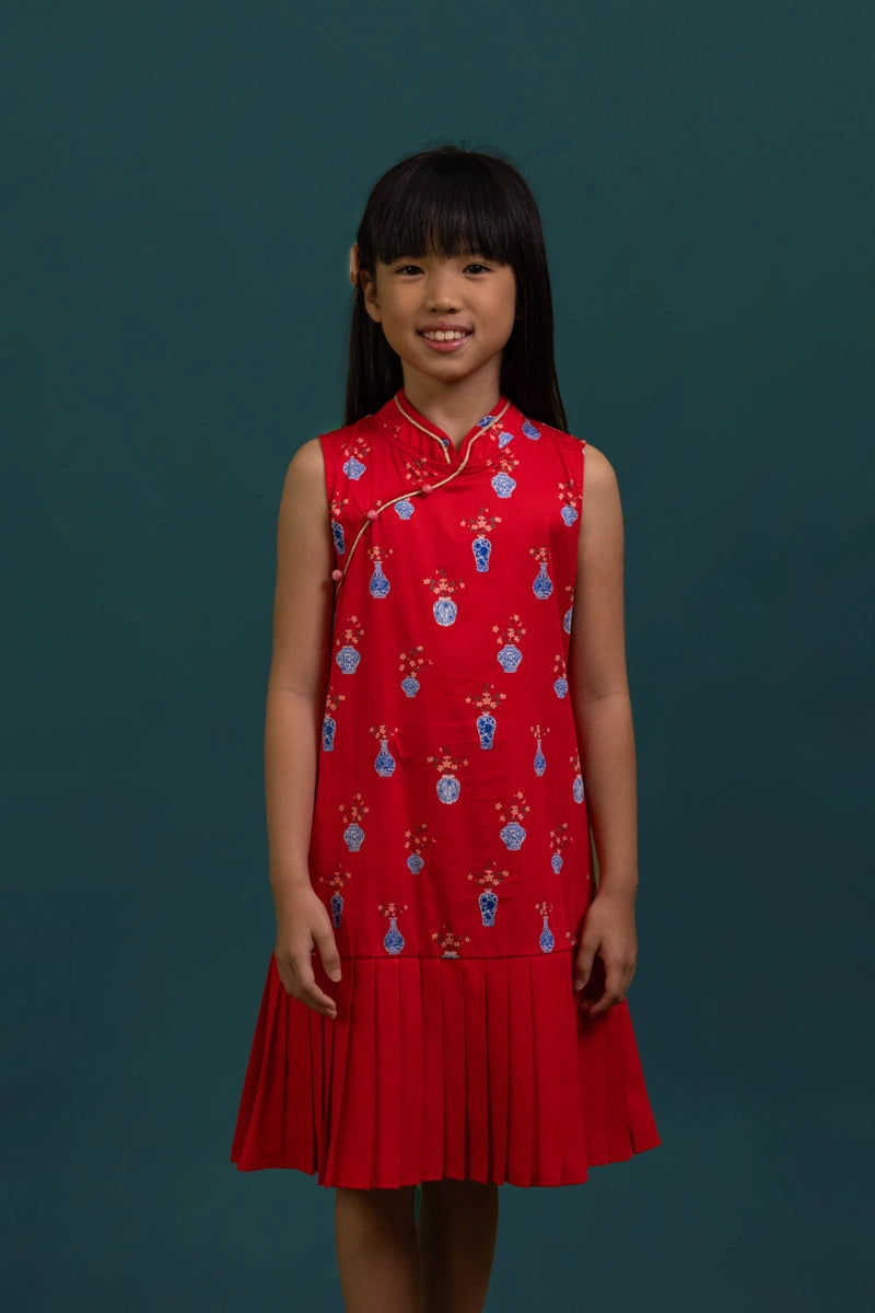 Drop Waist Cheongsam - Red Vases