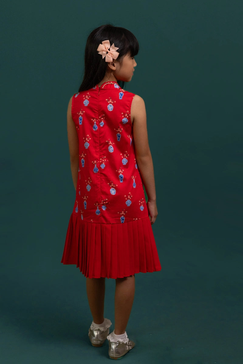 Drop Waist Cheongsam - Red Vases