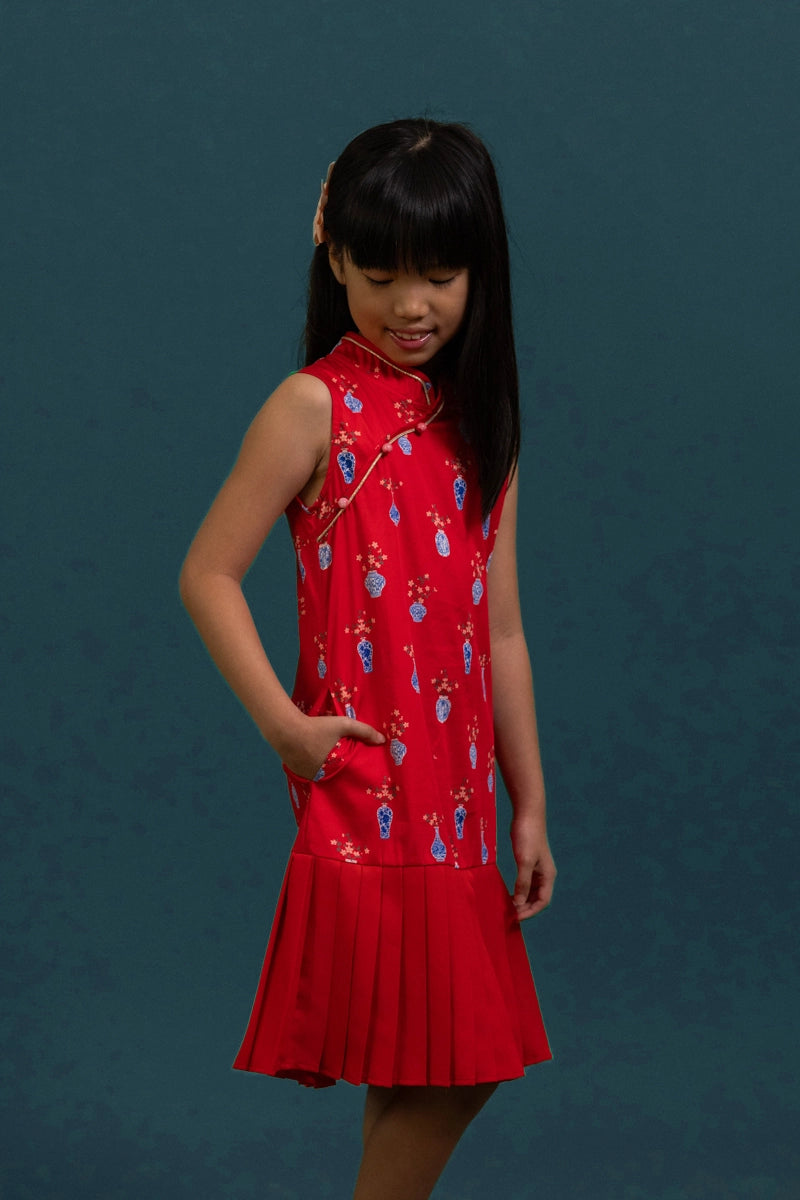 Drop Waist Cheongsam - Red Vases