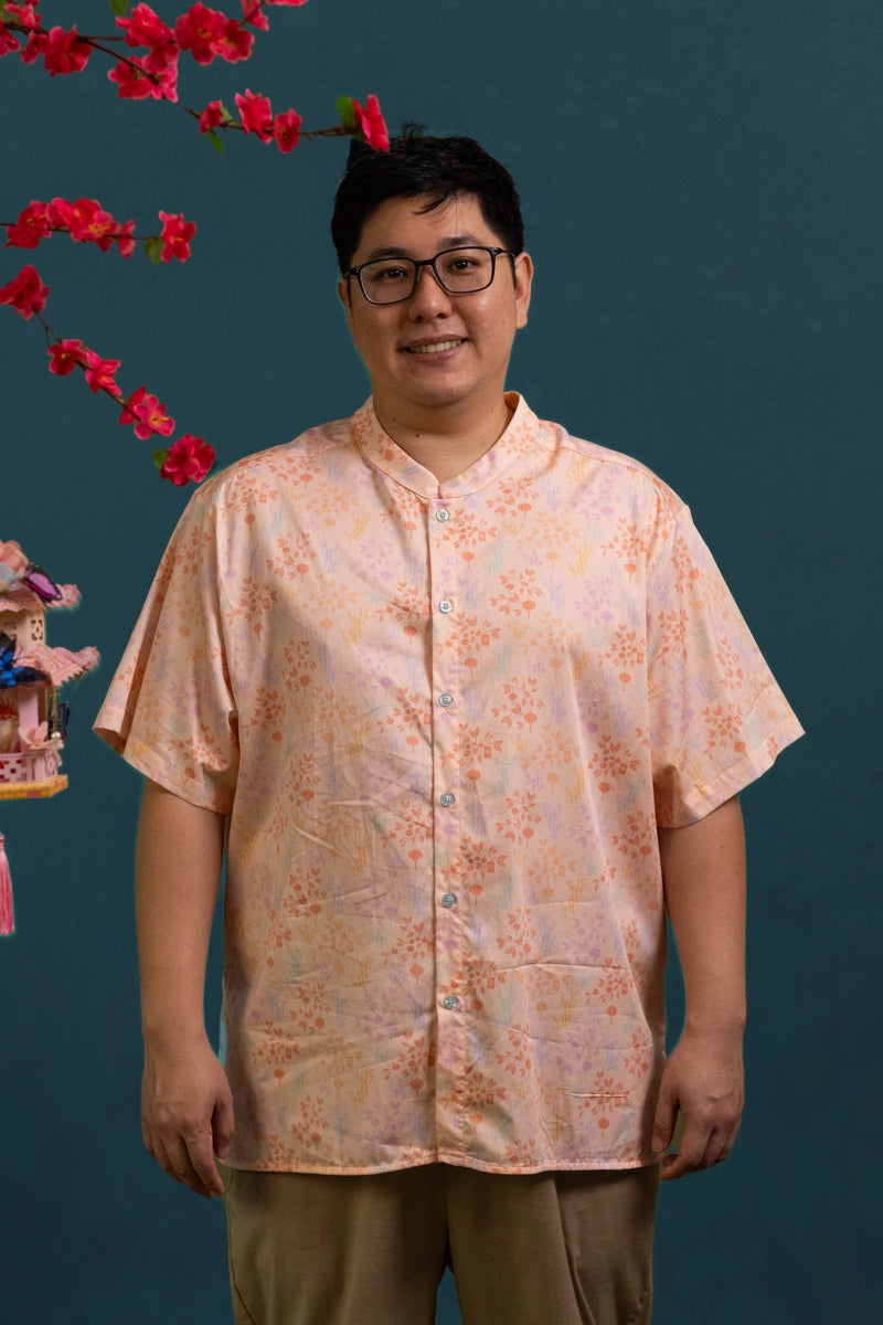 Men's Mandarin-collared Shirt - Pink Floral Bamboo