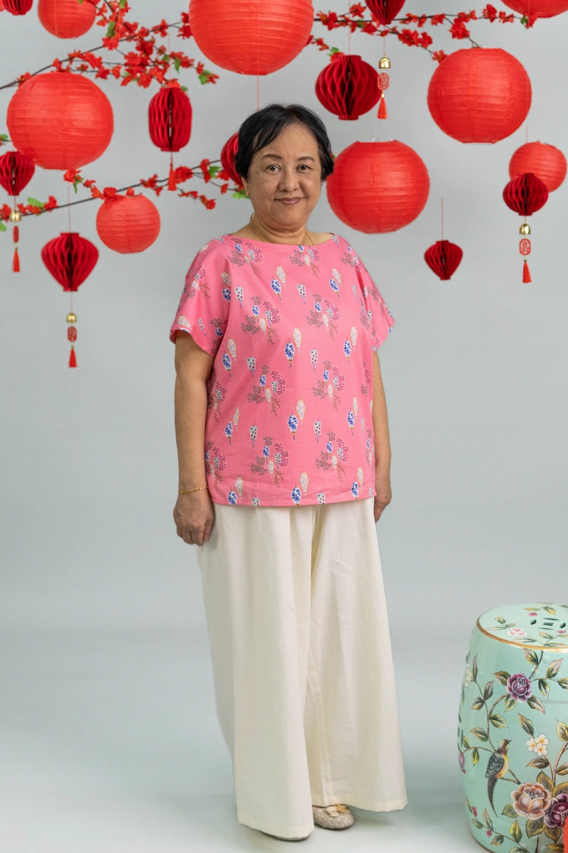 Ladies Becca Top - Pink Floral Lanterns