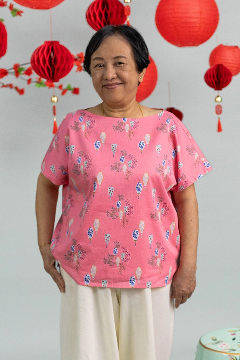 Ladies Becca Top - Pink Floral Lanterns
