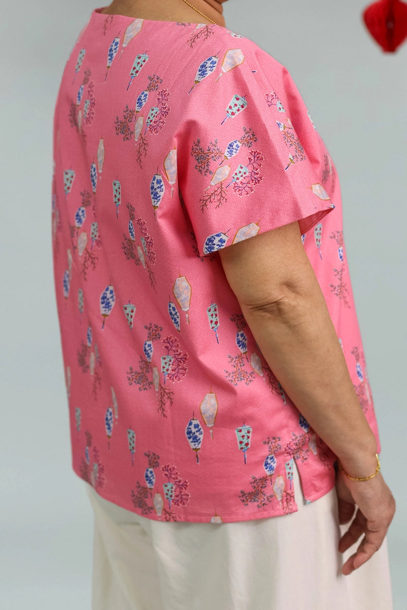 Ladies Becca Top - Pink Floral Lanterns