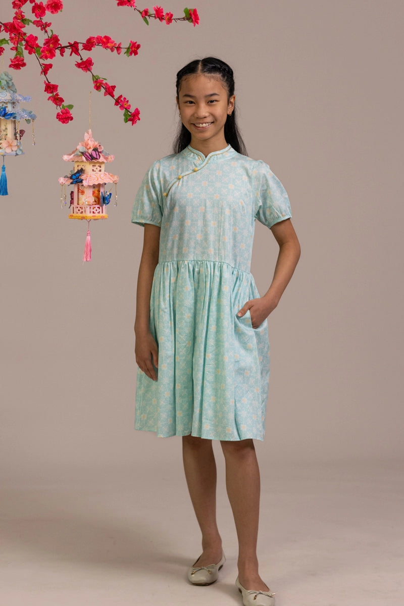 Giselle Cheongsam - Teal Plaid Tiles