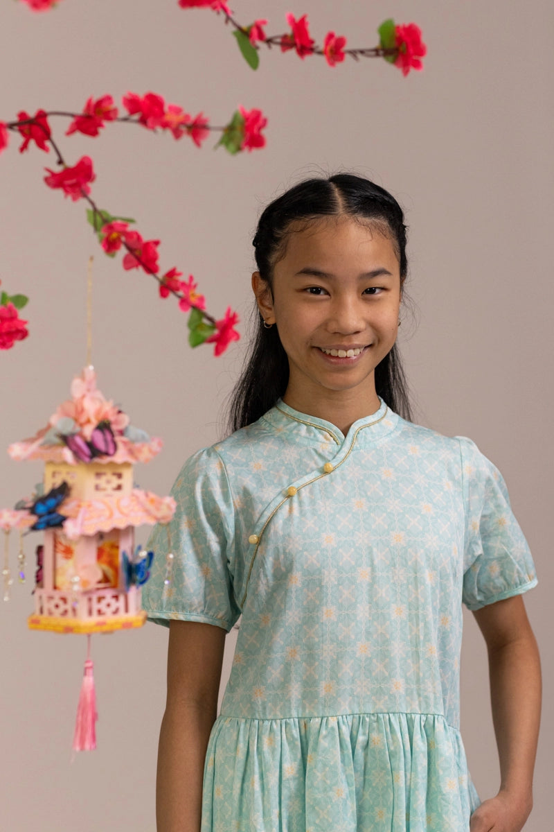 Giselle Cheongsam - Teal Plaid Tiles