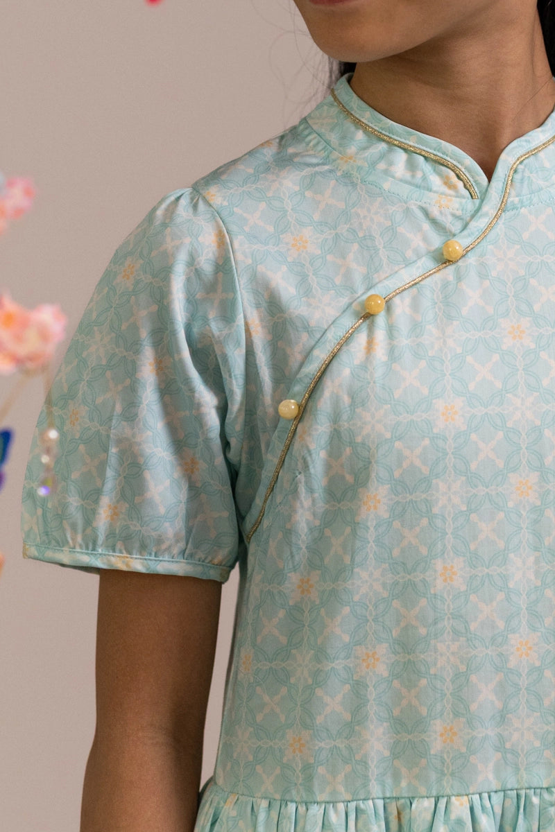 Giselle Cheongsam - Teal Plaid Tiles