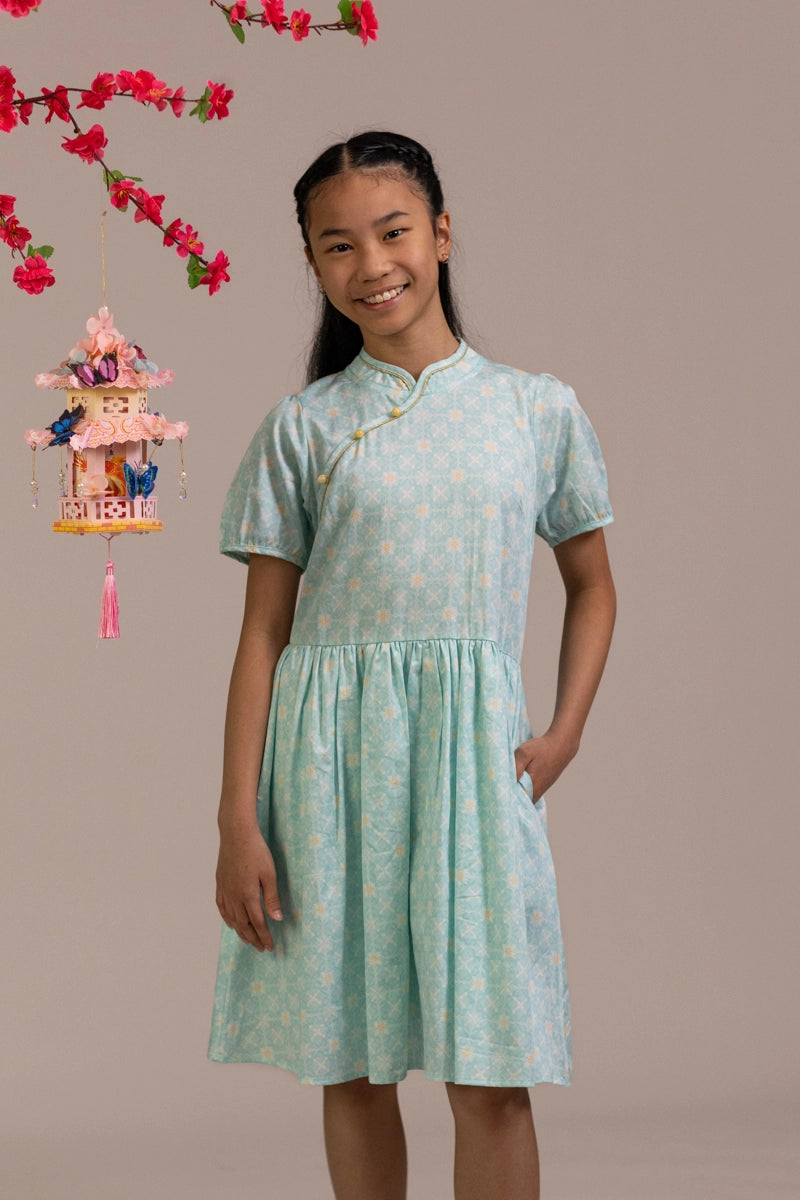 Giselle Cheongsam - Teal Plaid Tiles