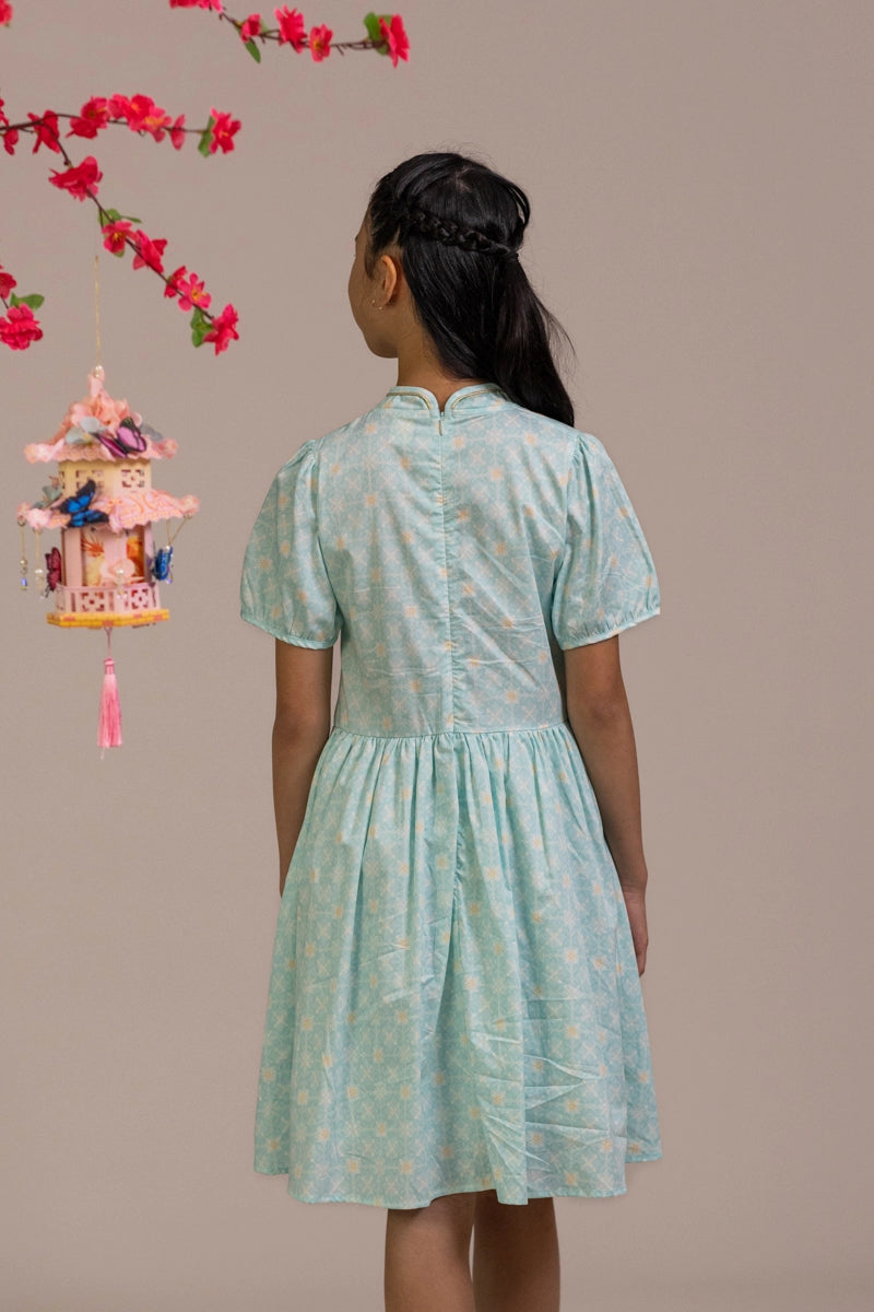 Giselle Cheongsam - Teal Plaid Tiles