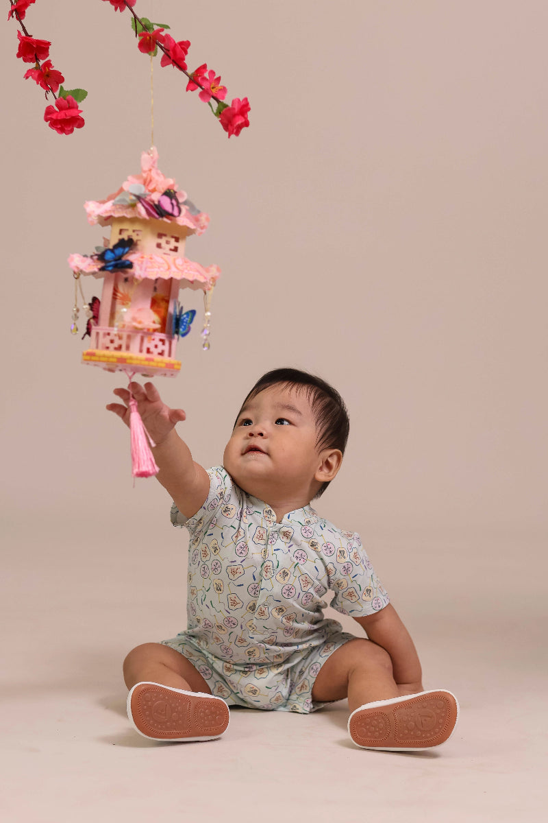 Mandarin-collared Polo Romper - Blue Fans