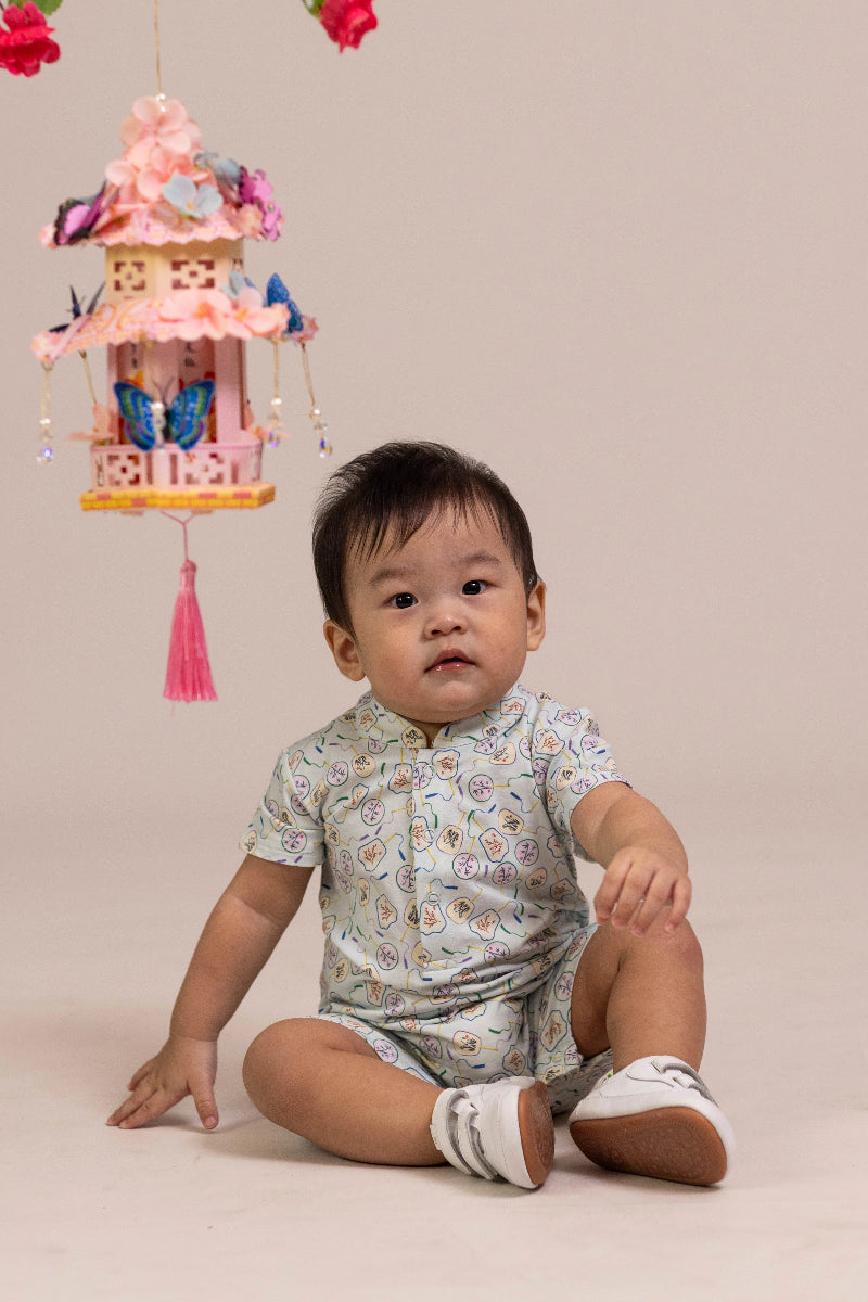 Mandarin-collared Polo Romper - Blue Fans