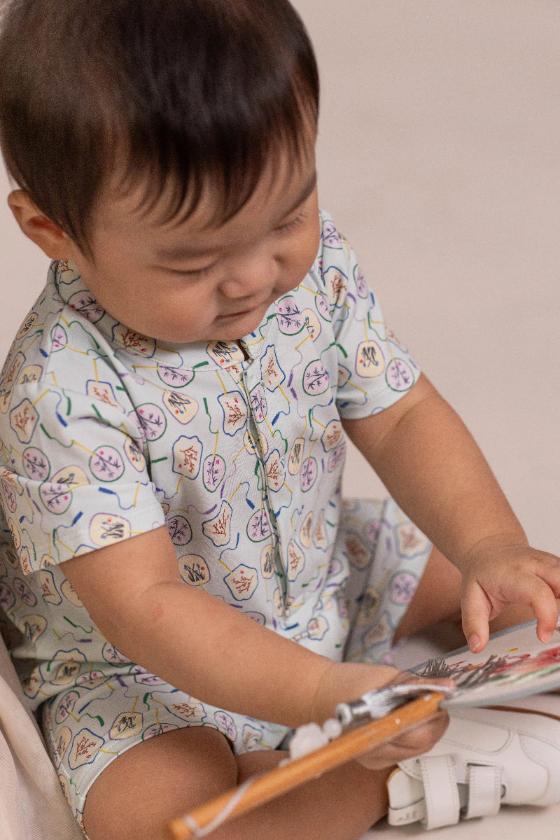 Mandarin-collared Polo Romper - Blue Fans