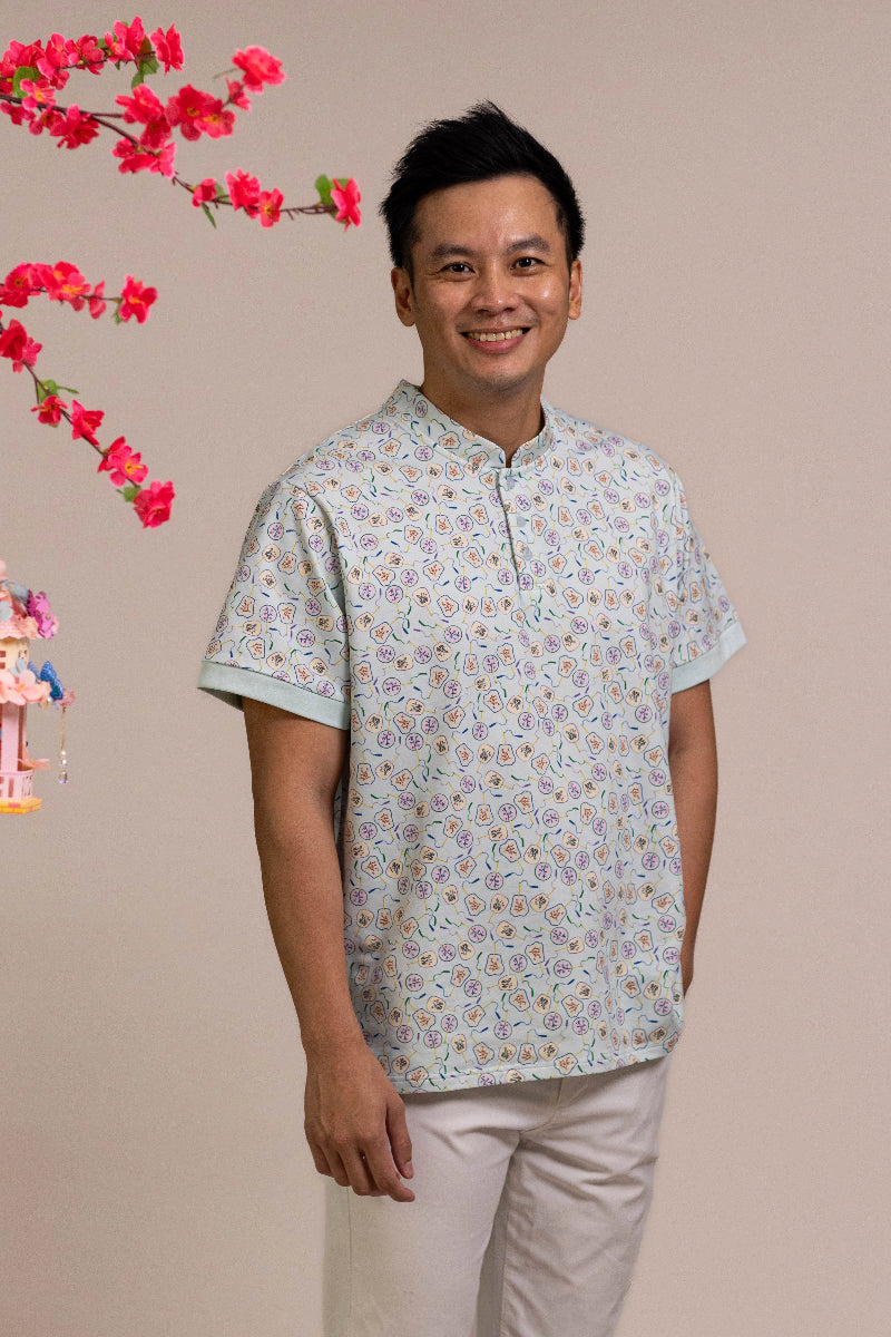 Men's Mandarin-collared Polo Tee - Blue Fans