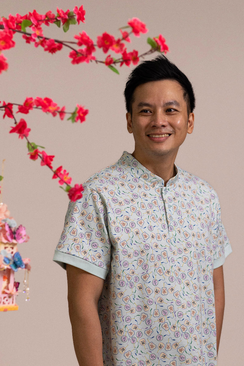 Men's Mandarin-collared Polo Tee - Blue Fans