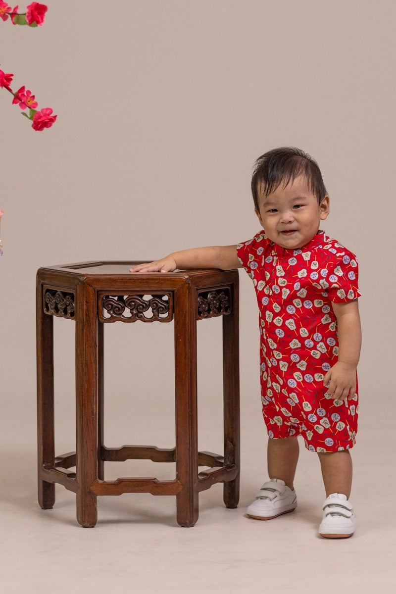 Mandarin-collared Romper - Red Fans