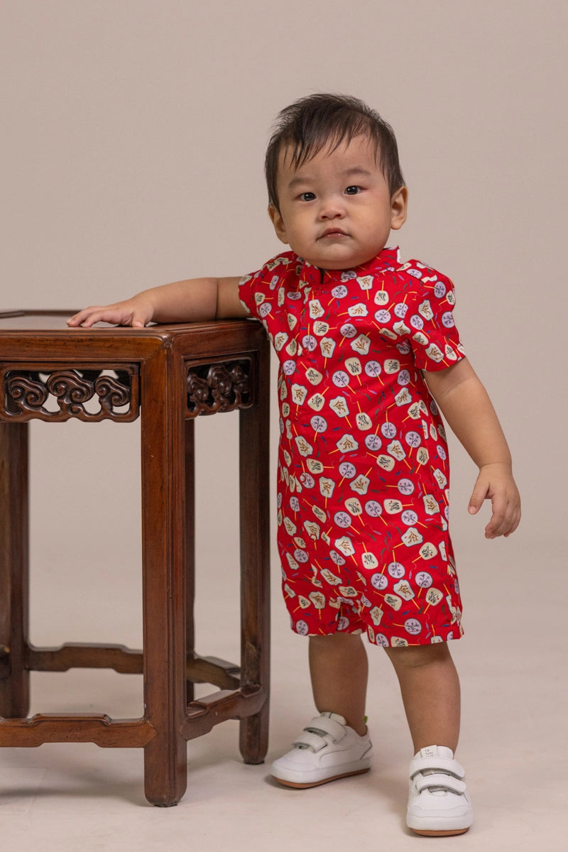 Mandarin-collared Romper - Red Fans