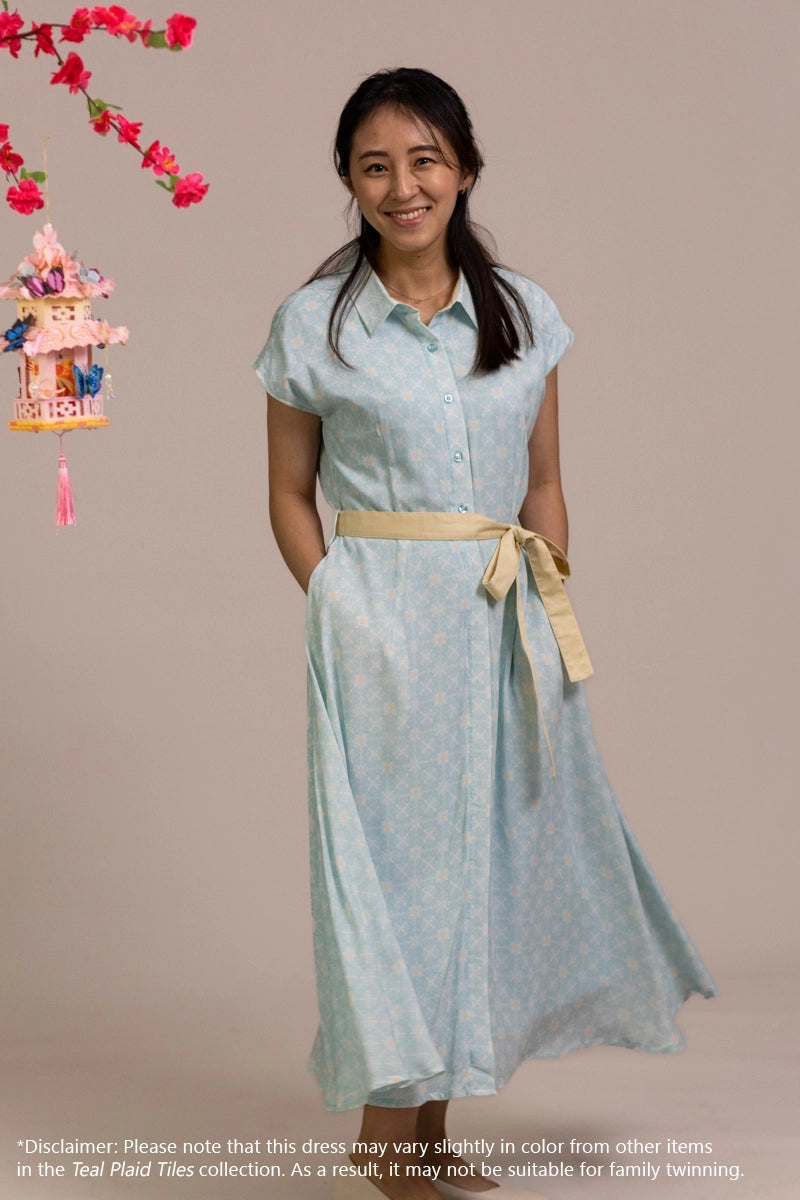 Ladies Shirly Dress - Teal Plaid Tiles