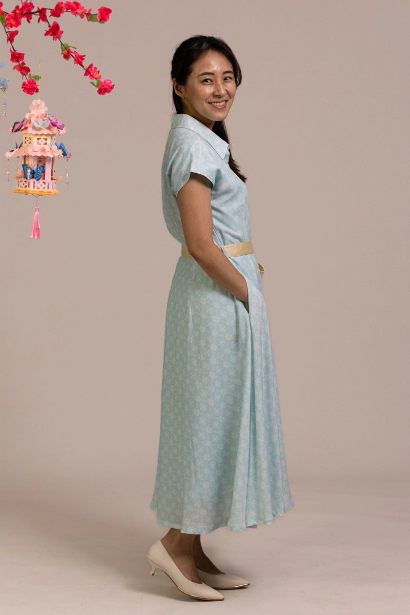 Ladies Shirly Dress - Teal Plaid Tiles