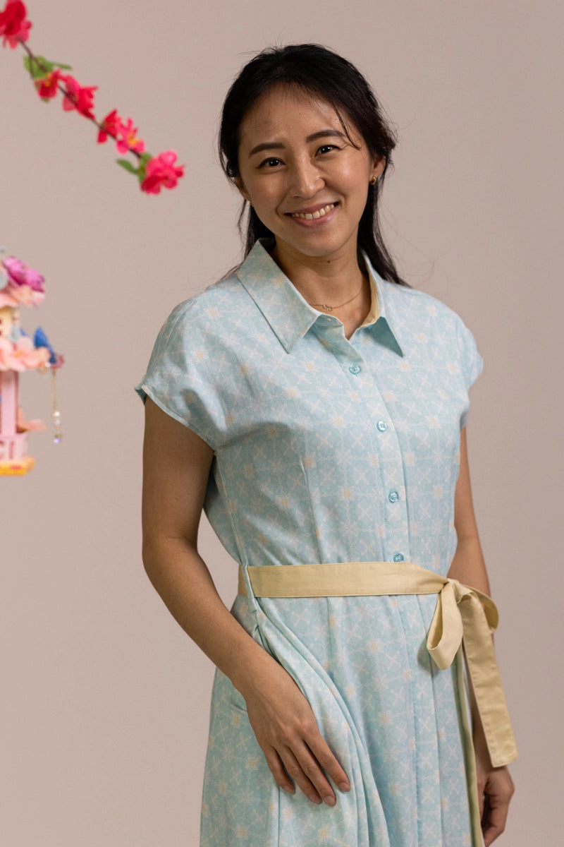 Ladies Shirly Dress - Teal Plaid Tiles